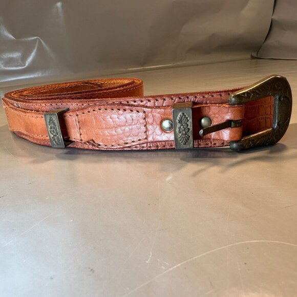 Fiorucci Italy Leather Double Strap Belt Vintage Embossed Brass Floral Accents - Picture 10 of 16